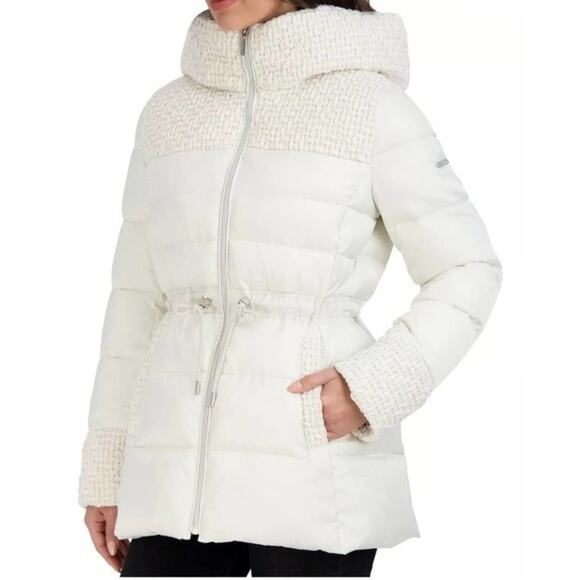 LAUNDRY BY SHELLI SEGAL Mixed-Media Anorak Hooded Puffer Coat Size Large - Picture 1 of 11